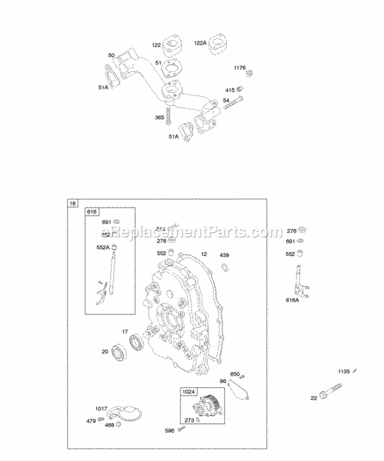 Crankcase CoverSump Intake Manifold Diagram and Parts List for 350442-0001-01  Briggs and Stratton Engine